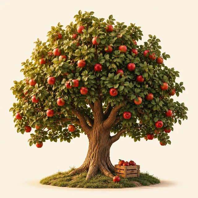 A sunlit apple tree full of red apples, with a harvest crate at its roots.